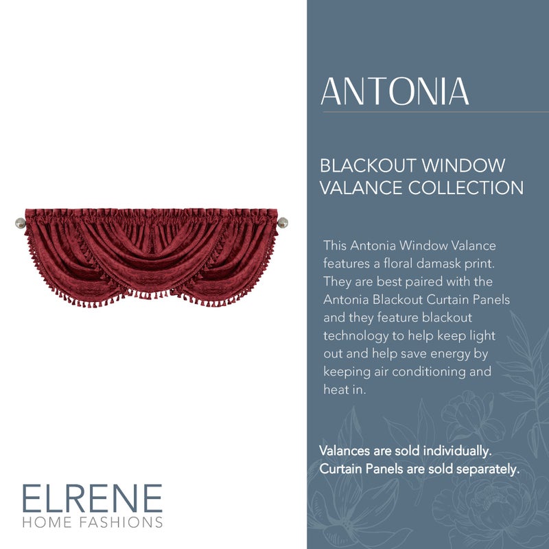 Elrene Home Fashions Antonia Floral Damask Waterfall Window Valance with Tassels, 52"x36", Rouge - Image 2